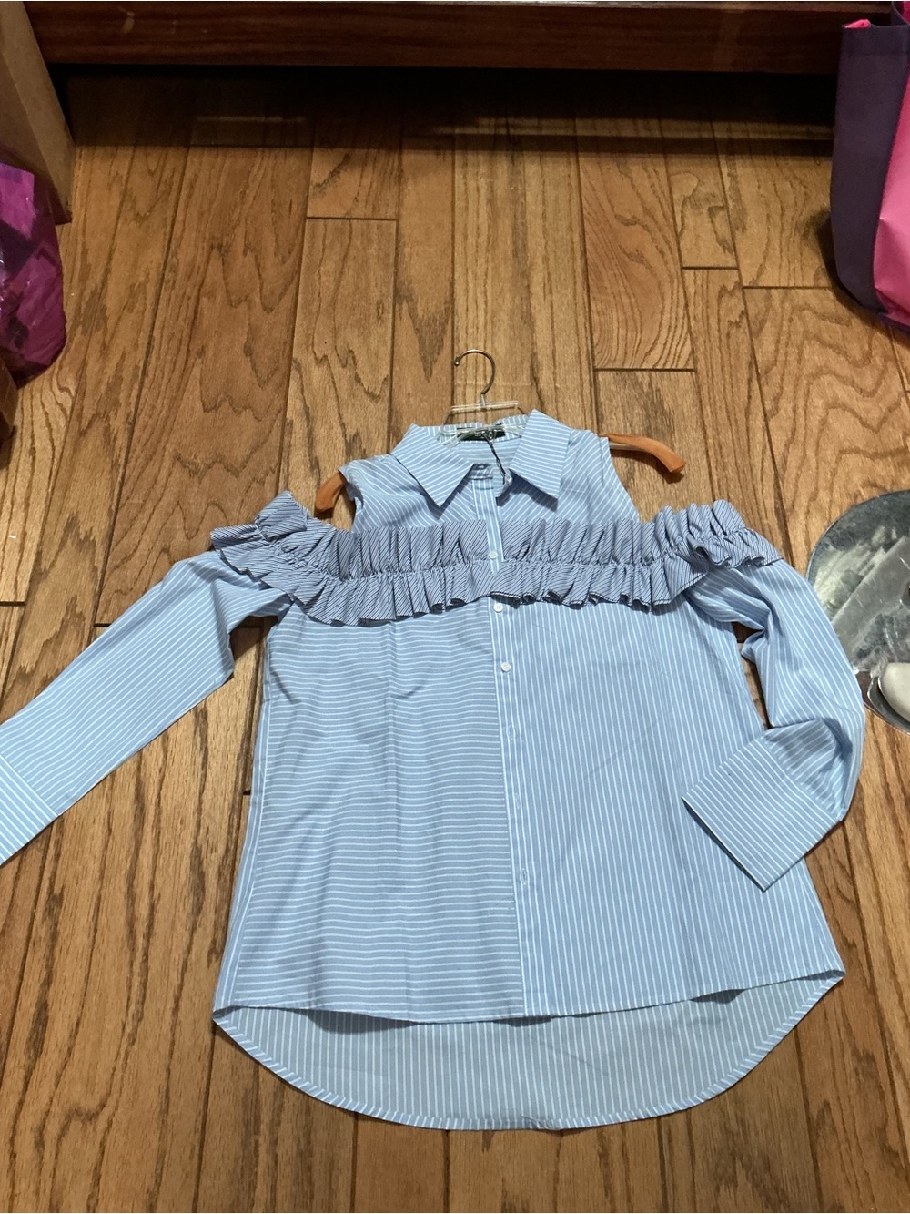 Striped Cold-Shoulder Ruffle Button-Down Shirt - Blue - Picture 2 of 3